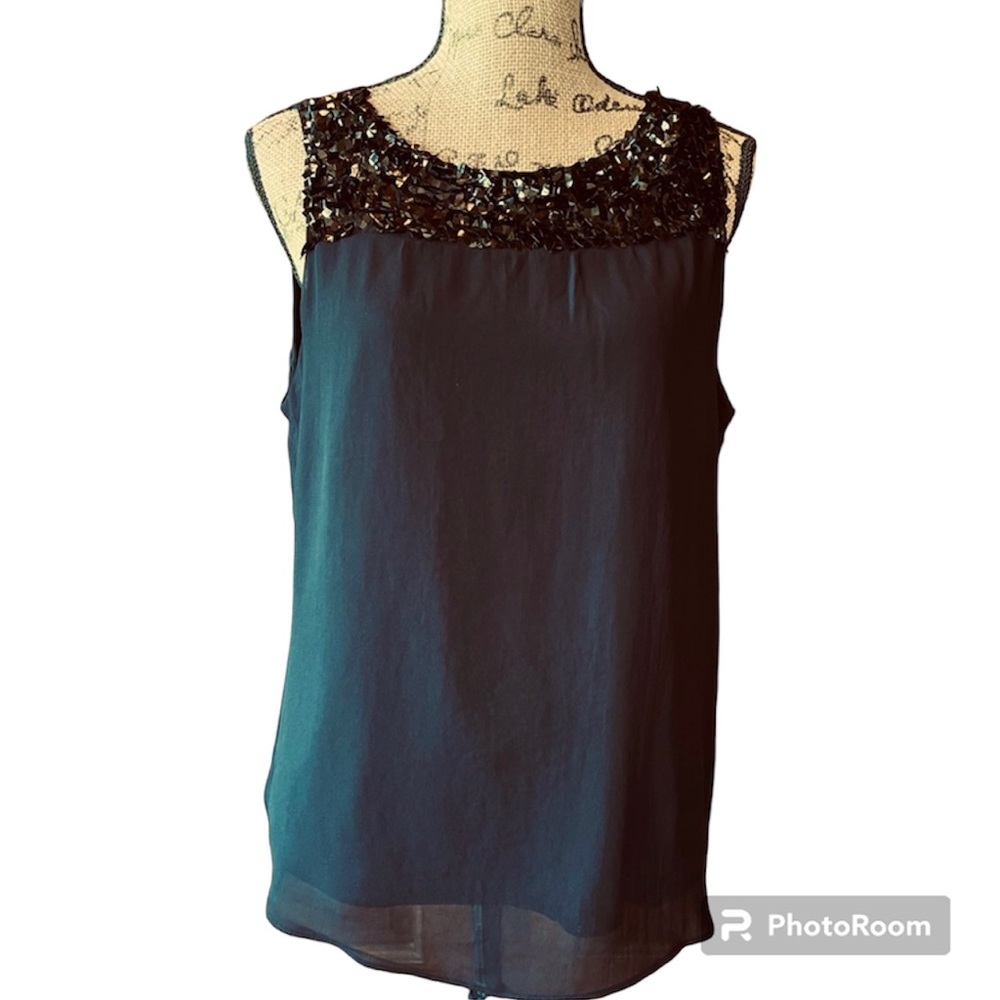 Ann Taylor Beautiful Black Top Lined Shell with Sequins Size 14